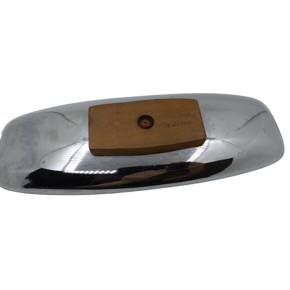 Vtg. MCM Danish style Milbern Celery Olive Dish Chromium Wood Base 14"x5" W/ Box - Picture 4 of 12